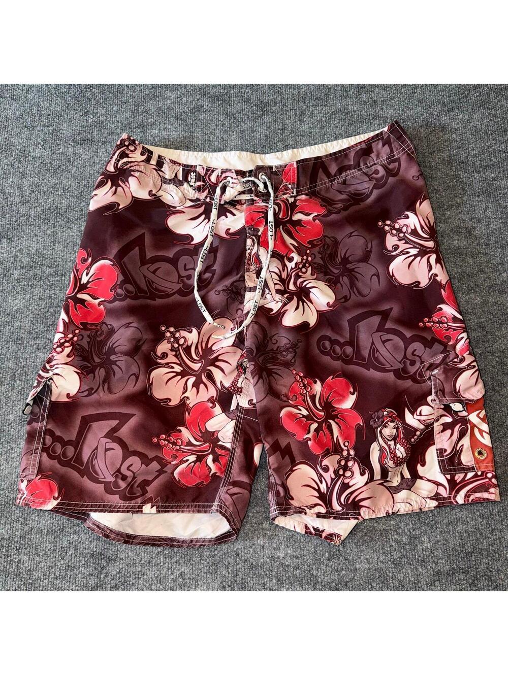LOST Floral Pinup Girl Surf Board Shorts Mens LG 34 VTG Y2K 90s Rare